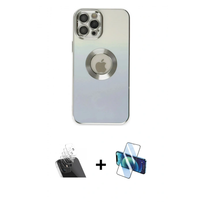 MARSİLYAN™- iPhone 12 Pro Kılıf Kutup Yansıma Özel Seri - Siyah 3D Antistatik Cam Ekran Koruyucu + Kamera Lens Koruma Cam - SF
