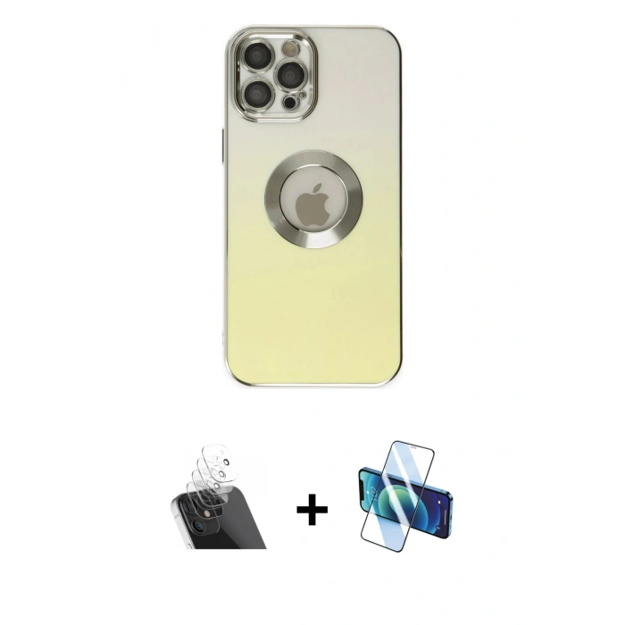 MARSİLYAN™- iPhone 12 Pro Kılıf Kutup Yansıma Özel Seri - Siyah 3D Antistatik Cam Ekran Koruyucu + Kamera Lens Koruma Cam - SF