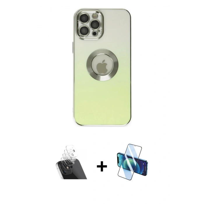 MARSİLYAN™- iPhone 12 Pro Kılıf Kutup Yansıma Özel Seri - Siyah 3D Antistatik Cam Ekran Koruyucu + Kamera Lens Koruma Cam - SF