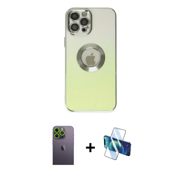 MARSİLYAN™- iPhone 12 Pro Kılıf Kutup Yansıma Özel Seri - Siyah 3D Antistatik Cam Ekran Koruyucu + Neon Fosforlu Kamera Lens - YL