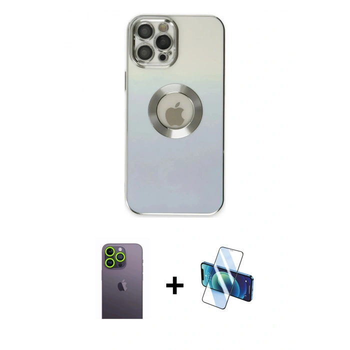 MARSİLYAN™- iPhone 12 Pro Kılıf Kutup Yansıma Özel Seri - Siyah 3D Antistatik Cam Ekran Koruyucu + Neon Fosforlu Kamera Lens - YL