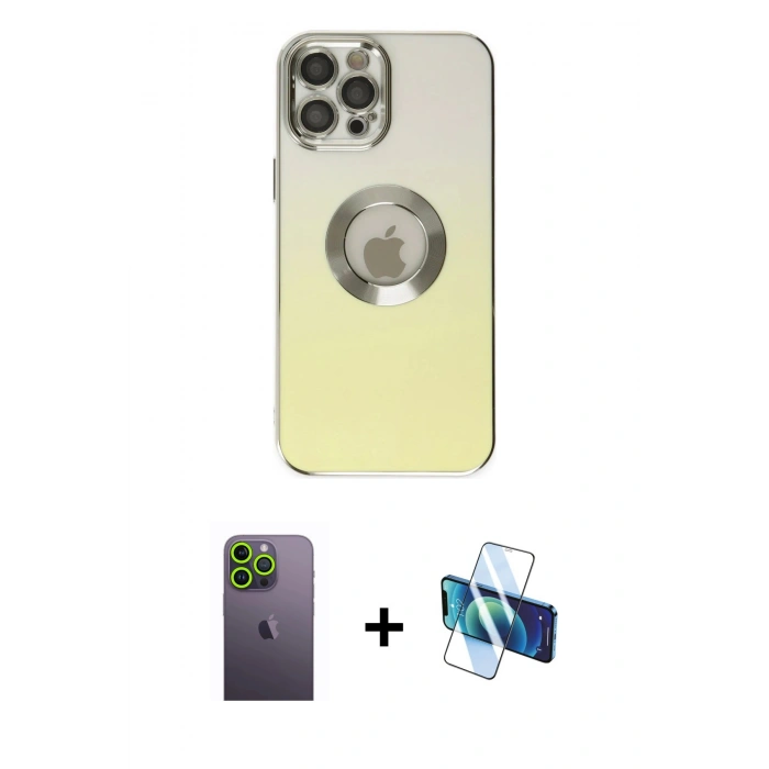 MARSİLYAN™- iPhone 12 Pro Kılıf Kutup Yansıma Özel Seri - Siyah 3D Antistatik Cam Ekran Koruyucu + Neon Fosforlu Kamera Lens - YL