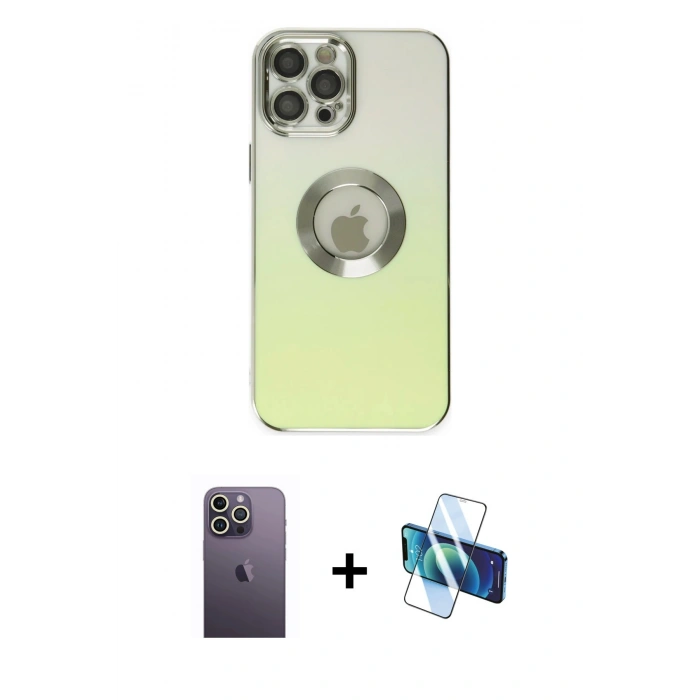 MARSİLYAN™- iPhone 12 Pro Kılıf Kutup Yansıma Özel Seri - Siyah 3D Antistatik Cam Ekran Koruyucu + Neon Fosforlu Kamera Lens - BZ