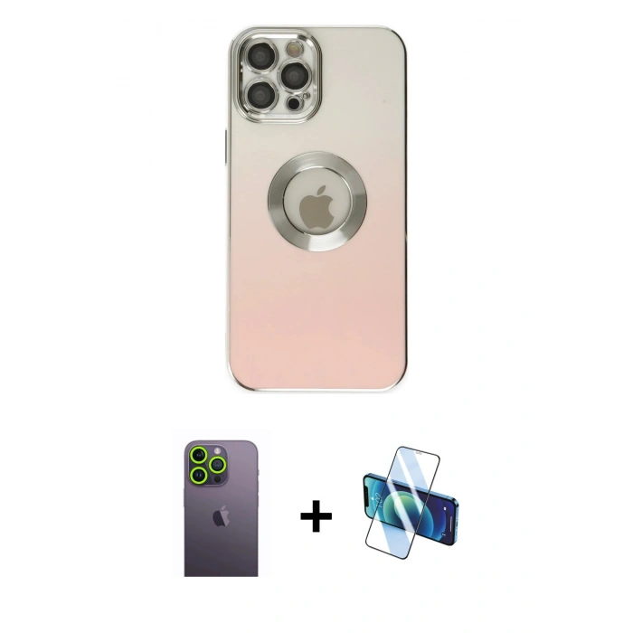 MARSİLYAN™- iPhone 12 Pro Kılıf Kutup Yansıma Özel Seri - Siyah 3D Antistatik Cam Ekran Koruyucu + Neon Fosforlu Kamera Lens - YL