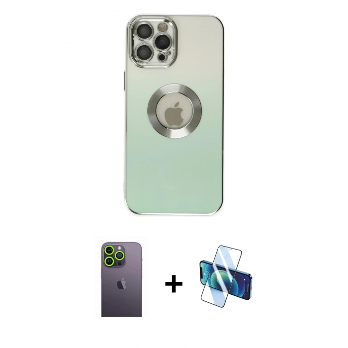 MARSİLYAN™- iPhone 12 Pro Kılıf Kutup Yansıma Özel Seri - Siyah 3D Antistatik Cam Ekran Koruyucu + Neon Fosforlu Kamera Lens - YL