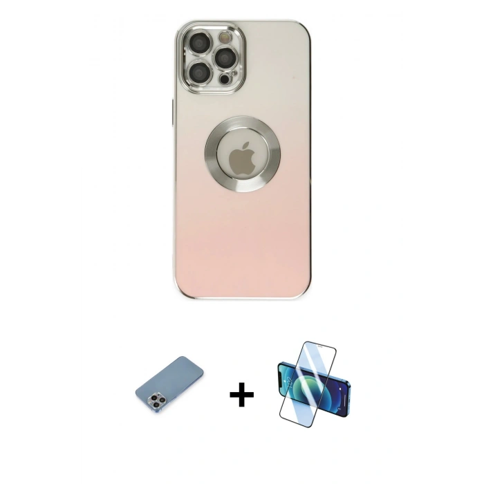 MARSİLYAN™- iPhone 12 Pro Kılıf Kutup Yansıma Özel Seri - Siyah 3D Antistatik Cam Ekran Koruyucu + Shine Kamera Lens Koruma Cam - GI