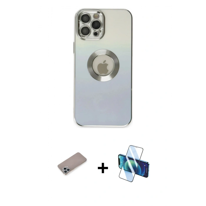 MARSİLYAN™- iPhone 12 Pro Kılıf Kutup Yansıma Özel Seri - Siyah 3D Antistatik Cam Ekran Koruyucu + Shine Kamera Lens Koruma Cam - SABE