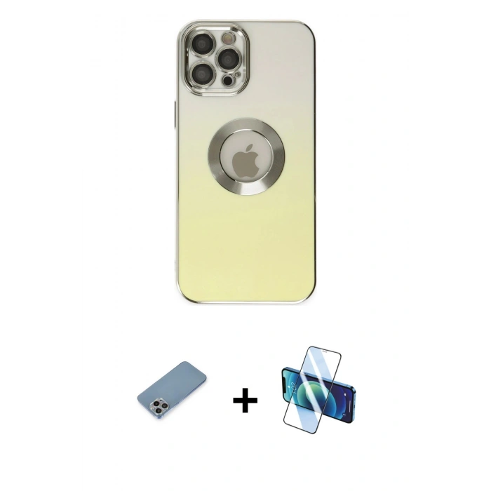 MARSİLYAN™- iPhone 12 Pro Kılıf Kutup Yansıma Özel Seri - Siyah 3D Antistatik Cam Ekran Koruyucu + Shine Kamera Lens Koruma Cam - GI