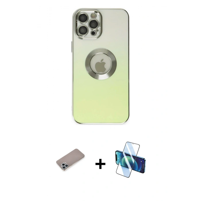 MARSİLYAN™- iPhone 12 Pro Kılıf Kutup Yansıma Özel Seri - Siyah 3D Antistatik Cam Ekran Koruyucu + Shine Kamera Lens Koruma Cam - SABE