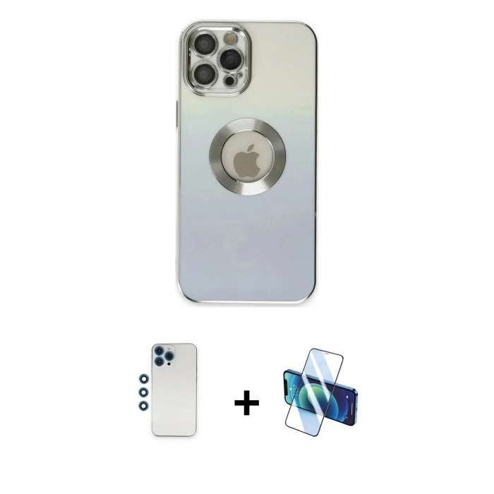 MARSİLYAN™- iPhone 12 Pro Kılıf Kutup Yansıma Özel Seri - Siyah 3D Antistatik Cam Ekran Koruyucu + Shine Kamera Lens - MI