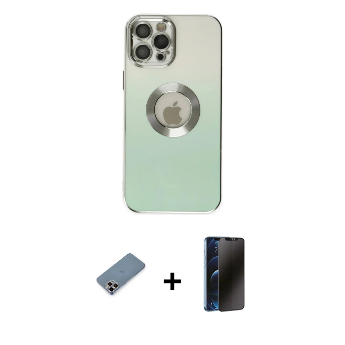 MARSİLYAN™- iPhone 12 Pro Kılıf Kutup Yansıma Özel Seri - Siyah 3D Antistatik Hayalet Cam Ekran Koruyucu + Metal Kamera Lens Koruma Cam - MR