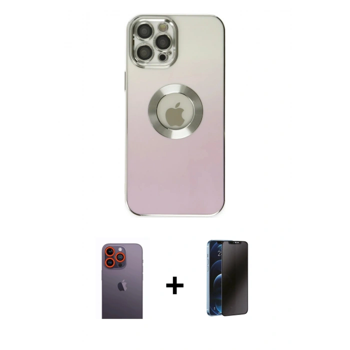 MARSİLYAN™- iPhone 12 Pro Kılıf Kutup Yansıma Özel Seri - Siyah 3D Antistatik Hayalet Cam Ekran Koruyucu + Neon Fosforlu Kamera Lens - TU