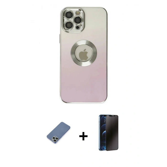 MARSİLYAN™- iPhone 12 Pro Kılıf Kutup Yansıma Özel Seri - Siyah 3D Antistatik Hayalet Cam Ekran Koruyucu + Metal Kamera Lens Koruma Cam - AKYL
