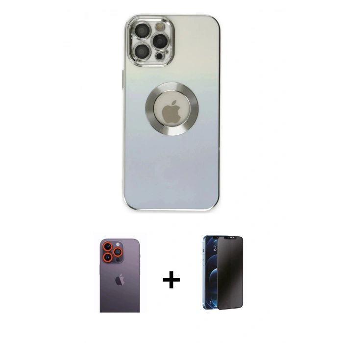 MARSİLYAN™- iPhone 12 Pro Kılıf Kutup Yansıma Özel Seri - Siyah 3D Antistatik Hayalet Cam Ekran Koruyucu + Neon Fosforlu Kamera Lens - TU