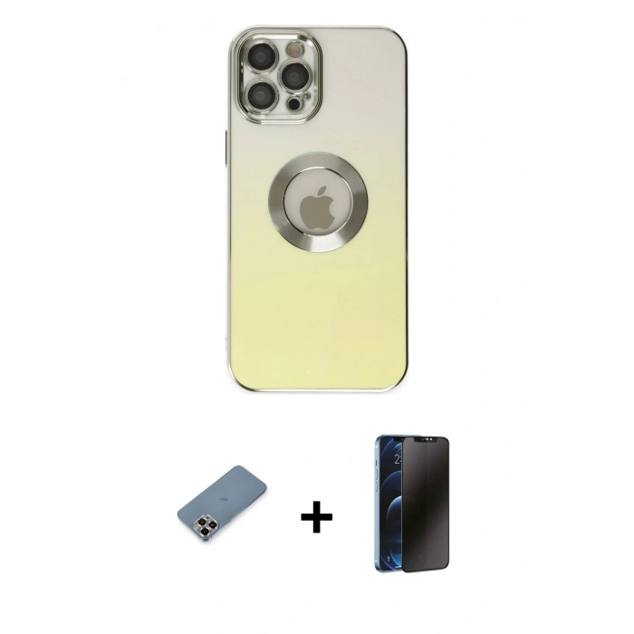 MARSİLYAN™- iPhone 12 Pro Kılıf Kutup Yansıma Özel Seri - Siyah 3D Antistatik Hayalet Cam Ekran Koruyucu + Metal Kamera Lens Koruma Cam - MR