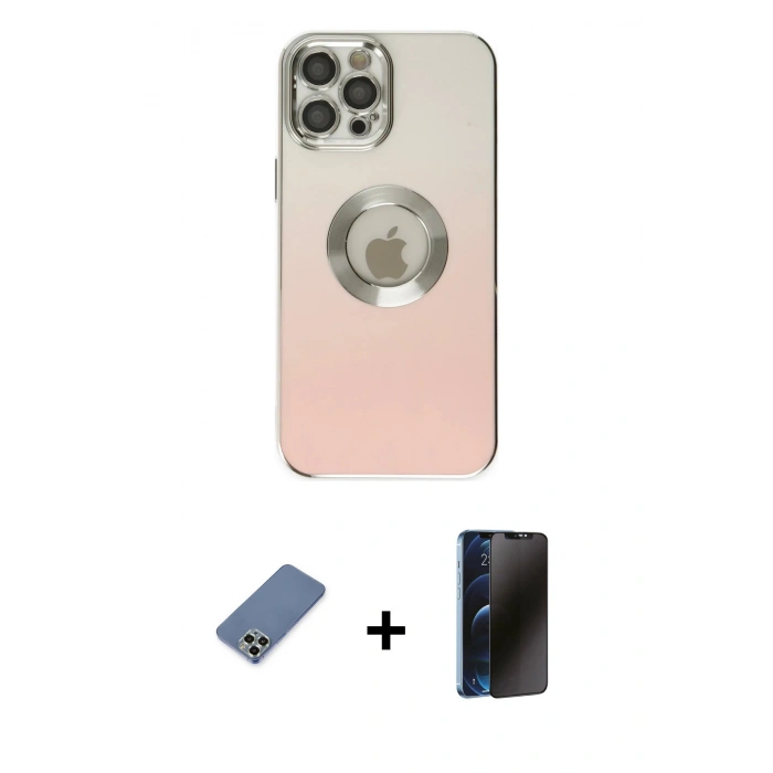 MARSİLYAN™- iPhone 12 Pro Kılıf Kutup Yansıma Özel Seri - Siyah 3D Antistatik Hayalet Cam Ekran Koruyucu + Metal Kamera Lens Koruma Cam - AKYL