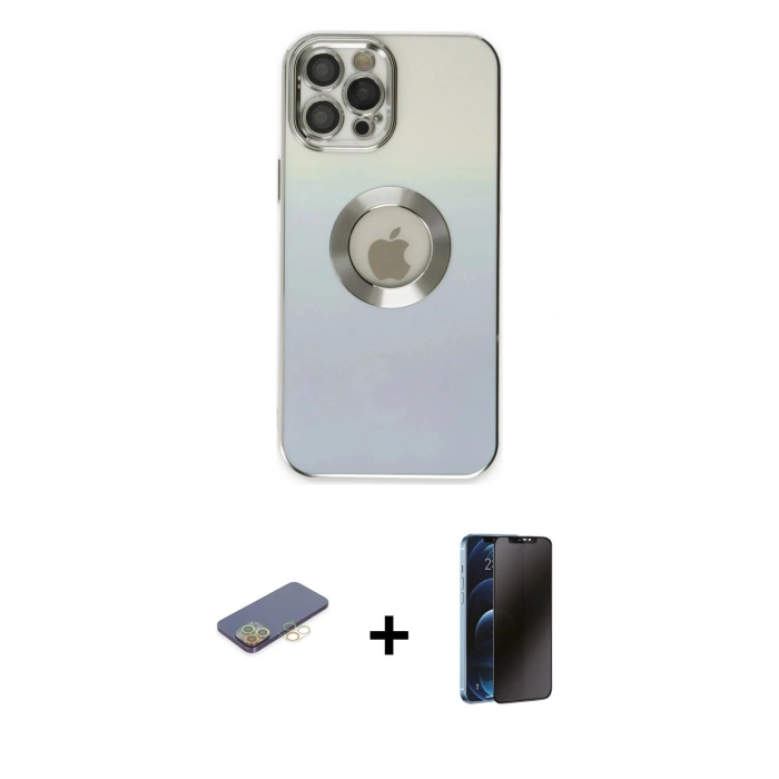 MARSİLYAN™- iPhone 12 Pro Kılıf Kutup Yansıma Özel Seri - Siyah 3D Antistatik Hayalet Cam Ekran Koruyucu + Renkli Kamera Lens Koruma Cam - SI