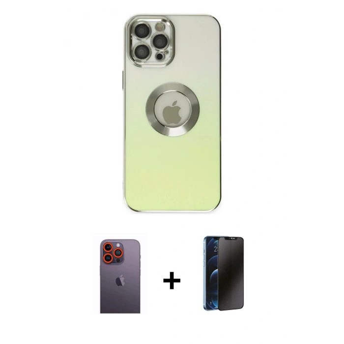 MARSİLYAN™- iPhone 12 Pro Kılıf Kutup Yansıma Özel Seri - Siyah 3D Antistatik Hayalet Cam Ekran Koruyucu + Neon Fosforlu Kamera Lens - TU