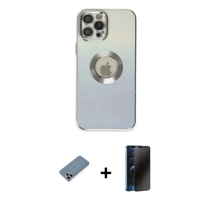 MARSİLYAN™- iPhone 12 Pro Kılıf Kutup Yansıma Özel Seri - Siyah 3D Antistatik Hayalet Cam Ekran Koruyucu + Metal Kamera Lens Koruma Cam - MR