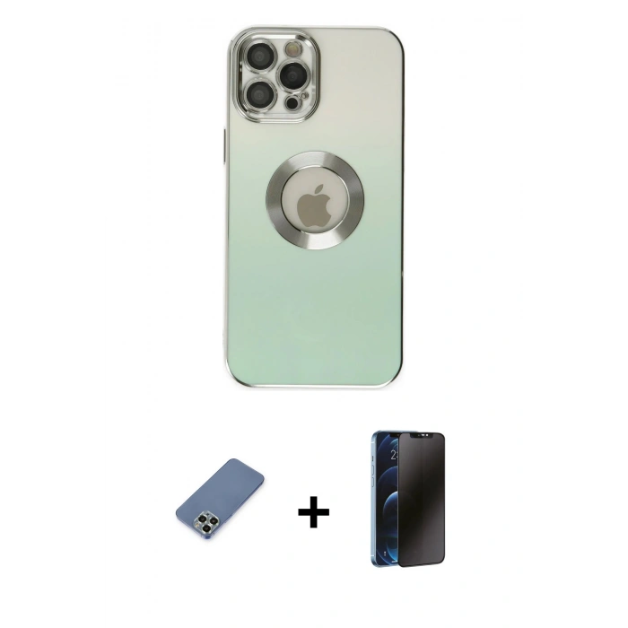 MARSİLYAN™- iPhone 12 Pro Kılıf Kutup Yansıma Özel Seri - Siyah 3D Antistatik Hayalet Cam Ekran Koruyucu + Metal Kamera Lens Koruma Cam - AKYL