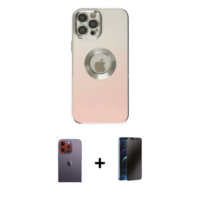 MARSİLYAN™- iPhone 12 Pro Kılıf Kutup Yansıma Özel Seri - Siyah 3D Antistatik Hayalet Cam Ekran Koruyucu + Neon Fosforlu Kamera Lens - TU