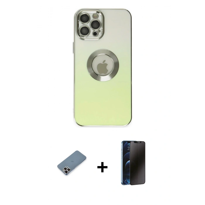 MARSİLYAN™- iPhone 12 Pro Kılıf Kutup Yansıma Özel Seri - Siyah 3D Antistatik Hayalet Cam Ekran Koruyucu + Metal Kamera Lens Koruma Cam - MR