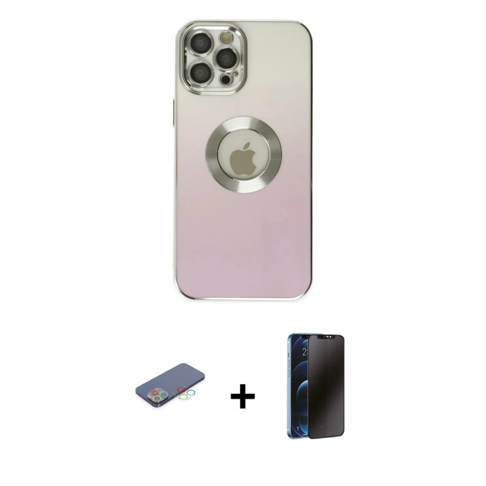 MARSİLYAN™- iPhone 12 Pro Kılıf Kutup Yansıma Özel Seri - Siyah 3D Antistatik Hayalet Cam Ekran Koruyucu + Renkli Kamera Lens Koruma Cam - MI