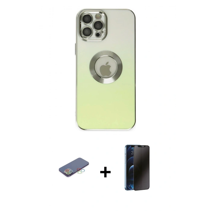 MARSİLYAN™- iPhone 12 Pro Kılıf Kutup Yansıma Özel Seri - Siyah 3D Antistatik Hayalet Cam Ekran Koruyucu + Renkli Kamera Lens Koruma Cam - MI