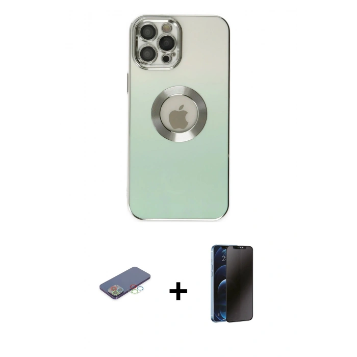 MARSİLYAN™- iPhone 12 Pro Kılıf Kutup Yansıma Özel Seri - Siyah 3D Antistatik Hayalet Cam Ekran Koruyucu + Renkli Kamera Lens Koruma Cam - MI