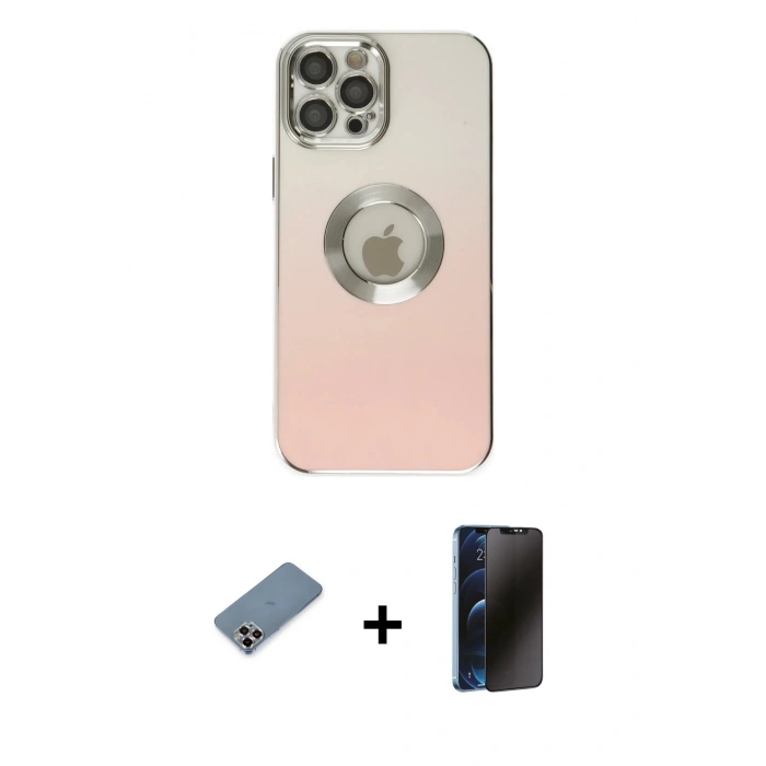 MARSİLYAN™- iPhone 12 Pro Kılıf Kutup Yansıma Özel Seri - Siyah 3D Antistatik Hayalet Cam Ekran Koruyucu + Metal Kamera Lens Koruma Cam - MR