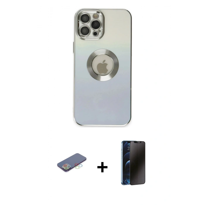 MARSİLYAN™- iPhone 12 Pro Kılıf Kutup Yansıma Özel Seri - Siyah 3D Antistatik Hayalet Cam Ekran Koruyucu + Renkli Kamera Lens Koruma Cam - MI