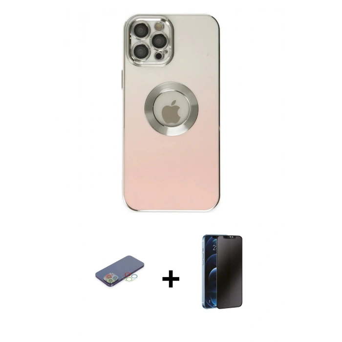 MARSİLYAN™- iPhone 12 Pro Kılıf Kutup Yansıma Özel Seri - Siyah 3D Antistatik Hayalet Cam Ekran Koruyucu + Renkli Kamera Lens Koruma Cam - MI