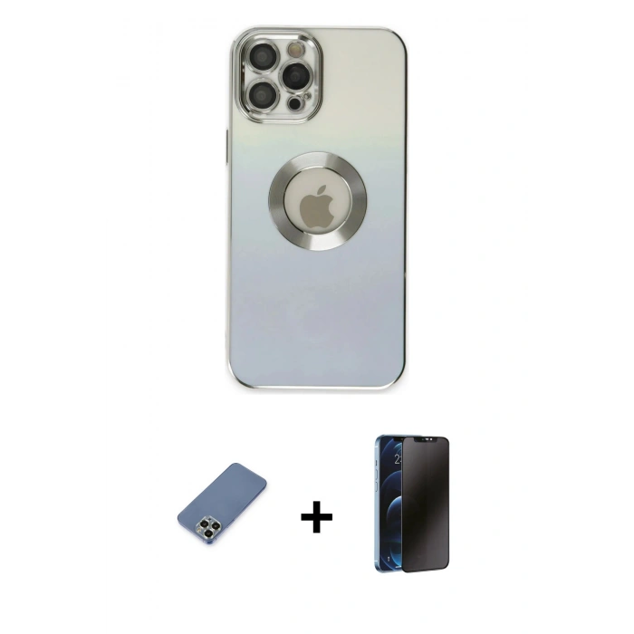 MARSİLYAN™- iPhone 12 Pro Kılıf Kutup Yansıma Özel Seri - Siyah 3D Antistatik Hayalet Cam Ekran Koruyucu + Metal Kamera Lens Koruma Cam - AKYL