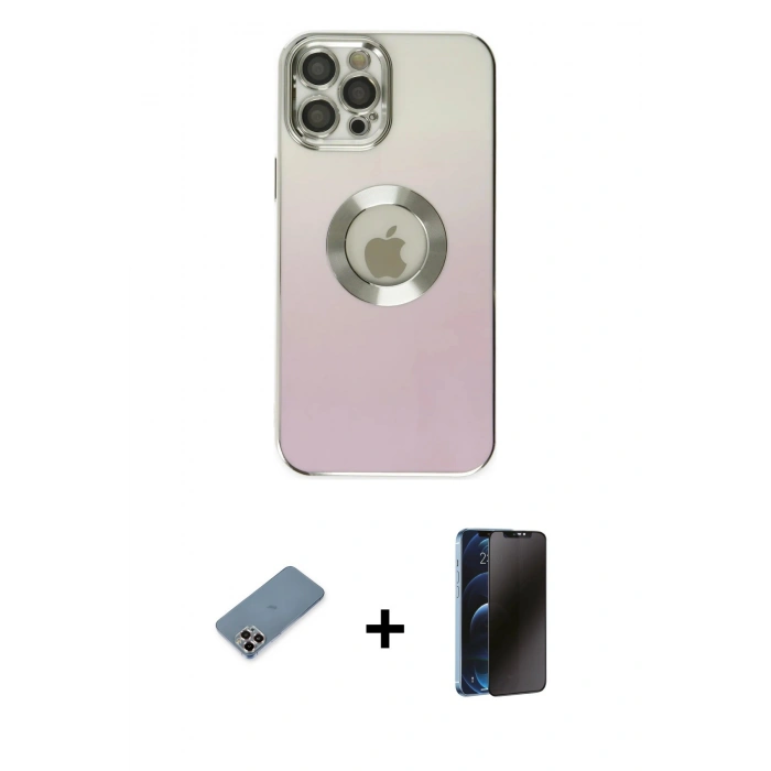 MARSİLYAN™- iPhone 12 Pro Kılıf Kutup Yansıma Özel Seri - Siyah 3D Antistatik Hayalet Cam Ekran Koruyucu + Metal Kamera Lens Koruma Cam - MR