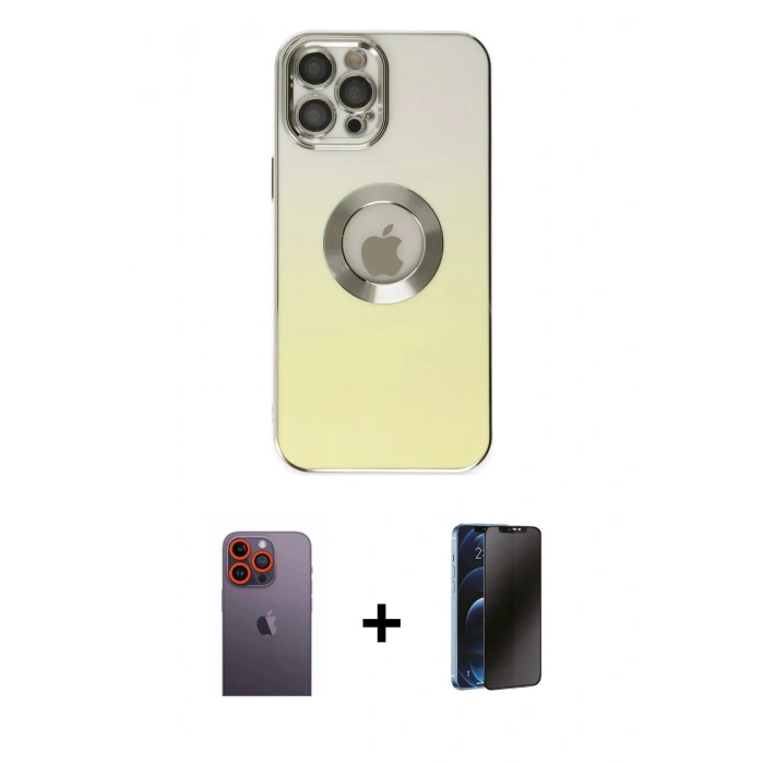 MARSİLYAN™- iPhone 12 Pro Kılıf Kutup Yansıma Özel Seri - Siyah 3D Antistatik Hayalet Cam Ekran Koruyucu + Neon Fosforlu Kamera Lens - TU