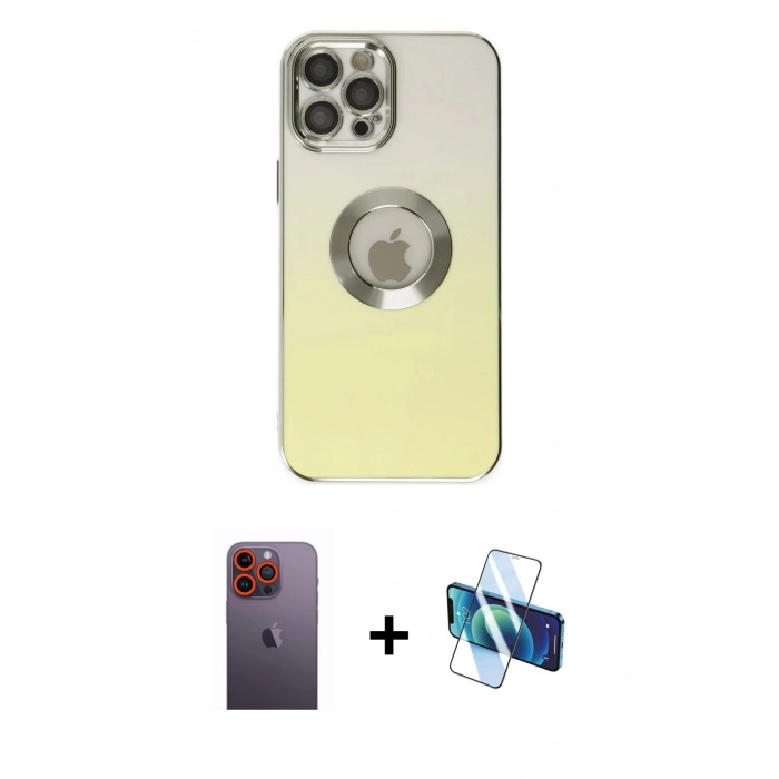 MARSİLYAN™- iPhone 12 Pro Kılıf Kutup Yansıma Özel Seri - Siyah 3D Antistatik Seramik Nano Ekran Koruyucu + Neon Fosforlu Kamera Lens - TU