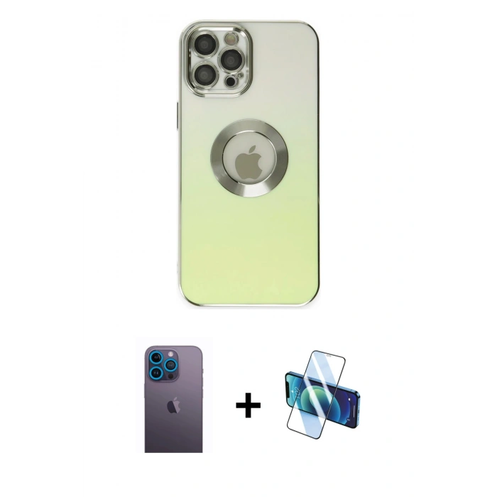 MARSİLYAN™- iPhone 12 Pro Kılıf Kutup Yansıma Özel Seri - Siyah 3D Antistatik Seramik Nano Ekran Koruyucu + Neon Fosforlu Kamera Lens - MI