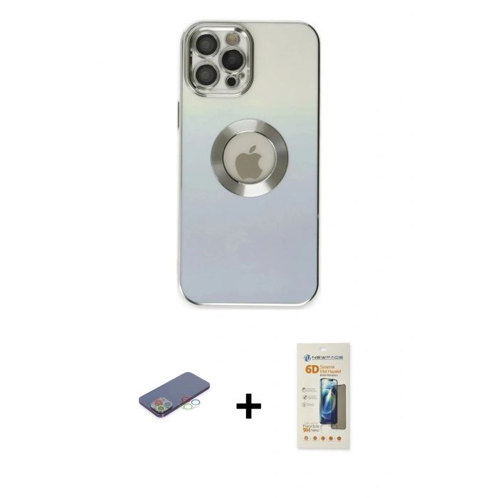 MARSİLYAN™- iPhone 12 Pro Kılıf Kutup Yansıma Özel Seri - Siyah 6D Mat Seramik Hayalet Nano Ekran Koruyucu + Renkli Kamera Lens Koruma Cam - MI