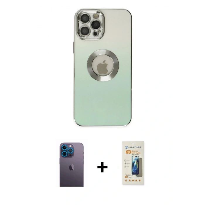 MARSİLYAN™- iPhone 12 Pro Kılıf Kutup Yansıma Özel Seri - Siyah 6D Mat Seramik Hayalet Nano Ekran Koruyucu + Mavi Neon Fosforlu Kamera Lens
