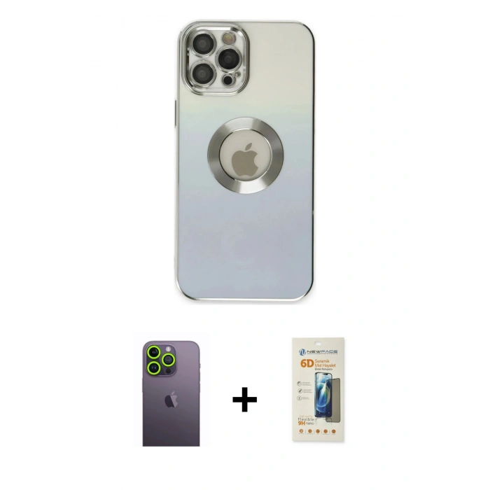 MARSİLYAN™- iPhone 12 Pro Kılıf Kutup Yansıma Özel Seri - Siyah 6D Mat Seramik Hayalet Nano Ekran Koruyucu + Neon Fosforlu Kamera Lens - YL