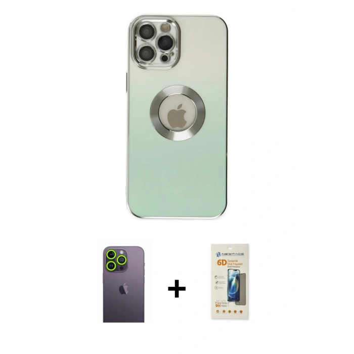 MARSİLYAN™- iPhone 12 Pro Kılıf Kutup Yansıma Özel Seri - Siyah 6D Mat Seramik Hayalet Nano Ekran Koruyucu + Neon Fosforlu Kamera Lens - YL
