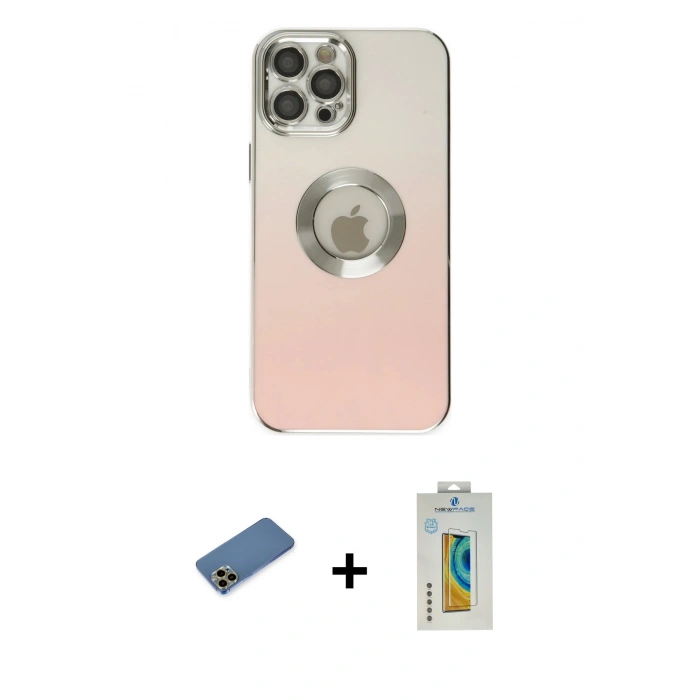 MARSİLYAN™- iPhone 12 Pro Kılıf Kutup Yansıma Özel Seri - Siyah Polymer Nano Ekran Koruyucu + Gold Shine Kamera Lens Koruma Cam