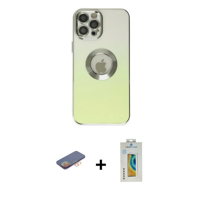 MARSİLYAN™- iPhone 12 Pro Kılıf Kutup Yansıma Özel Seri - Siyah Polymer Nano Ekran Koruyucu + Renkli Kamera Lens Koruma Cam - TU
