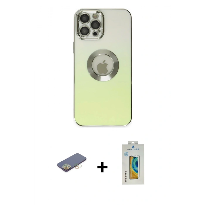 MARSİLYAN™- iPhone 12 Pro Kılıf Kutup Yansıma Özel Seri - Siyah Polymer Nano Ekran Koruyucu + Renkli Kamera Lens Koruma Cam - SI