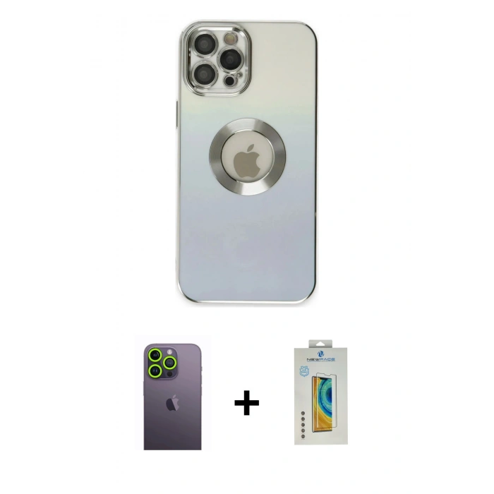 MARSİLYAN™- iPhone 12 Pro Kılıf Kutup Yansıma Özel Seri - Siyah Polymer Nano Ekran Koruyucu + Neon Fosforlu Kamera Lens - YL
