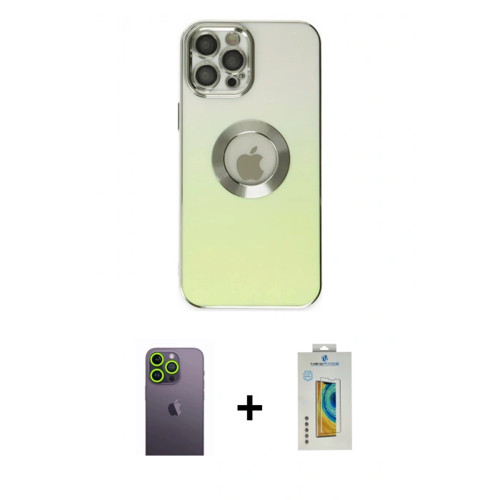 MARSİLYAN™- iPhone 12 Pro Kılıf Kutup Yansıma Özel Seri - Siyah Polymer Nano Ekran Koruyucu + Neon Fosforlu Kamera Lens - YL