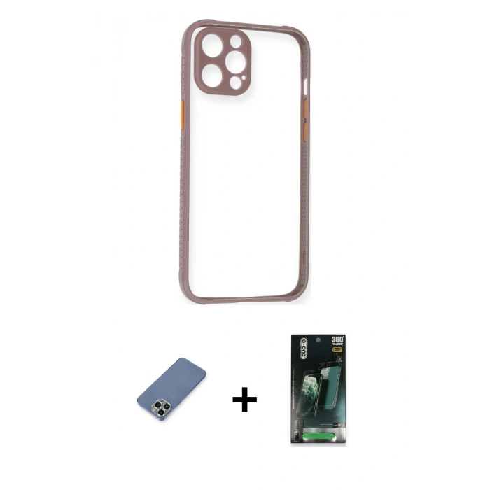 MARSİLYAN™- iPhone 12 Pro Kılıf Nova Asil Özel Seri - Şeffaf 360 Full Body Arka Koruyucu + Açık Yeşil Metal Kamera Lens Koruma Cam