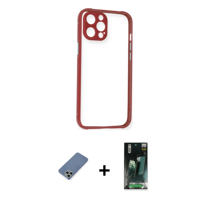 MARSİLYAN™- iPhone 12 Pro Kılıf Nova Asil Özel Seri - Şeffaf 360 Full Body Arka Koruyucu + Açık Yeşil Metal Kamera Lens Koruma Cam