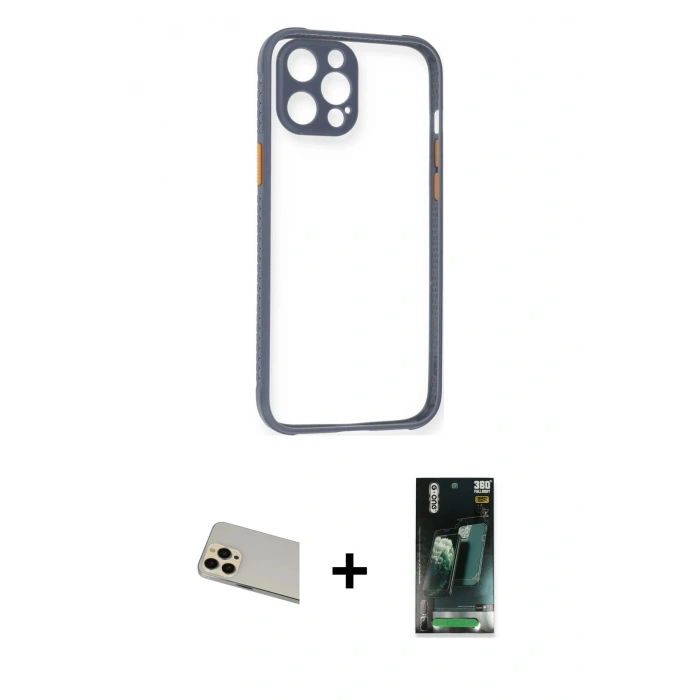 MARSİLYAN™- iPhone 12 Pro Kılıf Nova Asil Özel Seri - Şeffaf 360 Full Body Arka Koruyucu + Rainbow Kamera Lens Koruma Cam - GD