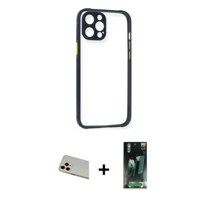 MARSİLYAN™- iPhone 12 Pro Kılıf Nova Asil Özel Seri - Şeffaf 360 Full Body Arka Koruyucu + Rainbow Kamera Lens Koruma Cam - GD